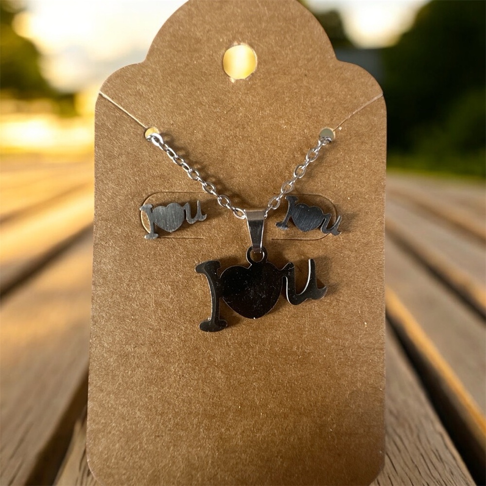 Silver 'I Love You' Cat Necklace and Earrings Set